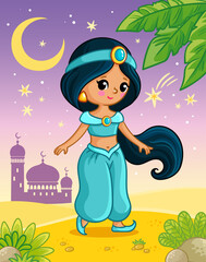 Obraz na płótnie Canvas Princess Jasmine stands on the sand against the backdrop of the castle and the moonlit sky. Vector illustration.