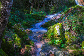 River waterfall with silky water in the little village of Beselga, Portugal