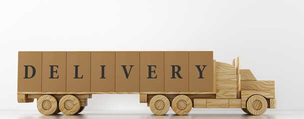 Big cardboard boxes package on a wooden toy truck ready to be delivered on white background