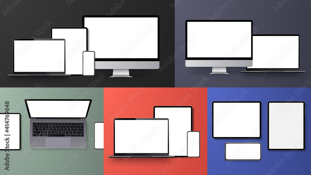 Poster minimalistic 3d isometric illustration set device. smartphone, laptop, tablet,pc mockup. side and to