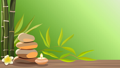 Fototapeta na wymiar Wellness Spa concept with space for text. Vector illustration with stacked zen stones, candle, frangipani flower and bamboo leaves. Calm green colors poster for spa salon. Serene peaceful background.