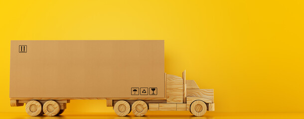 Big cardboard box package on a wooden toy truck ready to be delivered on yellow background