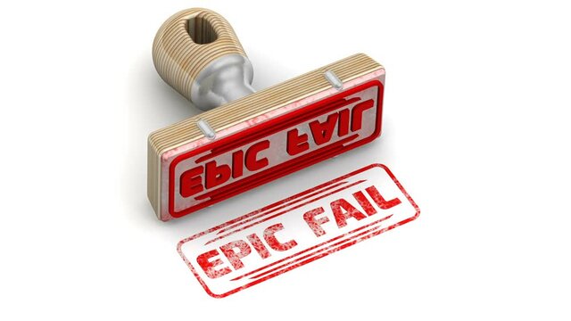 Epic fail. The stamp and an imprint. The stamp leaves a red imprint EPIC FAIL on white surface. Footage video