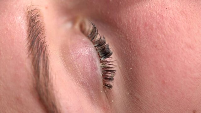Removal old lashes. The beautician removes eyelashes with tweezers. Eyelash extension. Beautiful young woman on eyelash extension procedure.