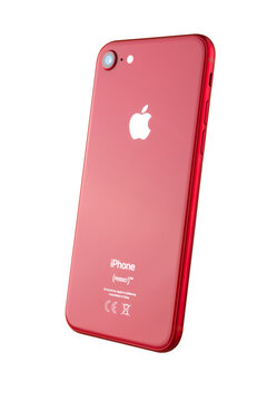 May 2018. Apple iPhone 8 (PRODUCT) RED on white background. A new smartphone from the company APPLE close-up isolated on a white background.