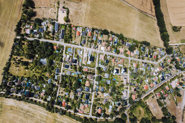 Aerial view of country houses in a European village