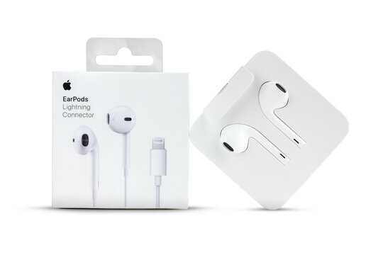 Rostov-on-Don, Russia - November 2018. Apple EarPods with Lightning connector in the box. Headset from the company Apple and box on a white background.