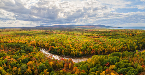 Colorful aerial view of Bonanza Falls during Autumn on the Big Iron River -  near Silver City and Porcupine Mountains Wilderness State Park - Michigan Upper Peninsula