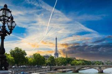 Dramatic sky over world famous Eiffel Tower in Paris