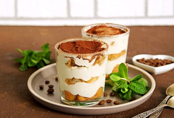 Tiramisu, dessert with biscuit cookies and mascarpone cream in glasses on a brown concrete background. Dessert recipes without baking. Desserts in glasses.