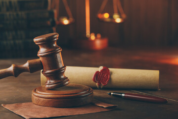 Judge gavel, envelope and testament. Notary public office.
