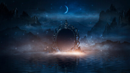 Abstract night fantasy landscape with mountains, river bank. An island on the water, a magic mirror, the light of the moon, rocks. Night sky reflected in the water. 