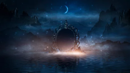 Deurstickers Abstract night fantasy landscape with mountains, river bank. An island on the water, a magic mirror, the light of the moon, rocks. Night sky reflected in the water.  © MiaStendal