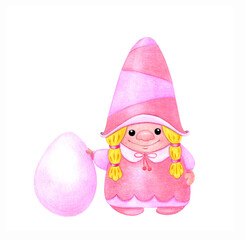 Easter illustration with a dwarf. Gnome girl in a pink dress and a cap with an egg. Watercolor illustrations in cartoon style on a white background.
