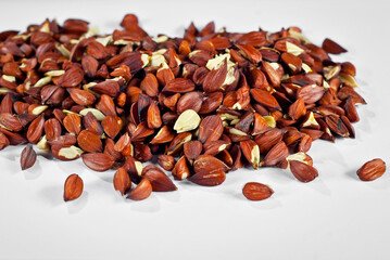 Texture of beech nuts on a white background. Lots of peeled nuts on a pile close up.