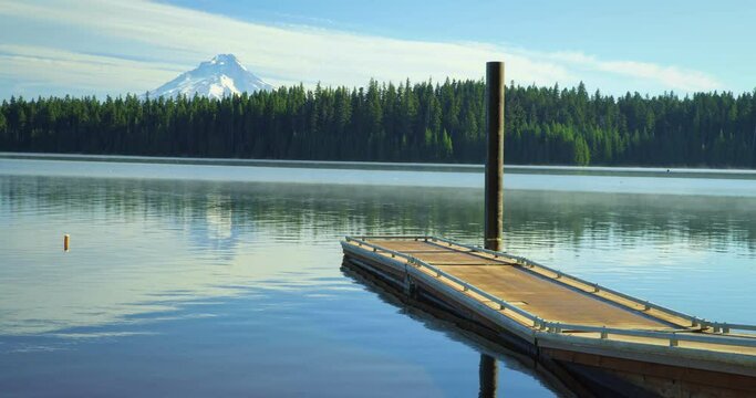 Timothy Lake dock with Mt. Hood in distance, wide