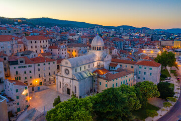 Sunrise aerial view of the cathedral of Saint James and waterfront of Sibenik, Croatia