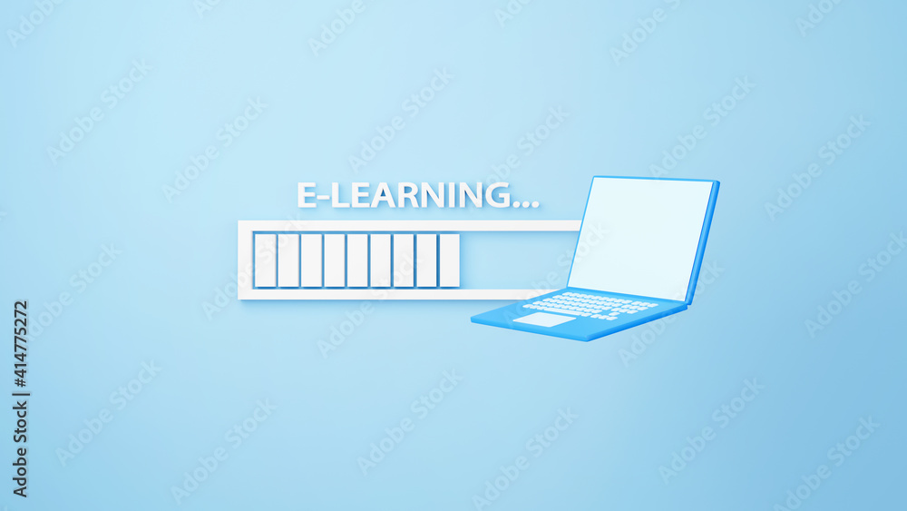 Poster digital online education. 3d of notebook and loading bar icon about learning on phone, computer. soc