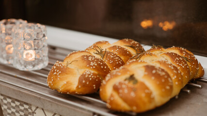 Freshly baked bread. Handmade white loaf of bread, bakery concept, homemade food, healthy eating. Banner.