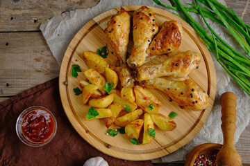 Appetizing peasant potatoes and juicy chicken legs with green onions and sauce lie on a wooden board