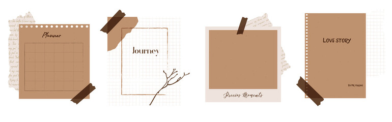 Bullet Journal scrapbooking craft templates vector set. Planner, Polaroid mockup, Organiser retro styled. craft paper texture, squared notebook. brunch tape, Perforated paper. Aged book pages 