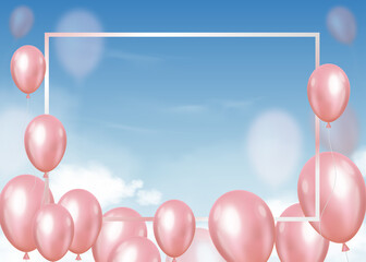 Vector 3D balloons flying on blue sky with fluffy clouds and frame,Realistic helium balloons in pink pastel floating ideas for birthday party, wedding or promotion banners background