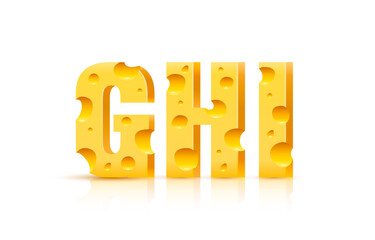 Cheese font 3d symbol, letter G H I set. Vector