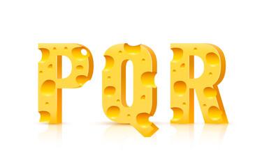 Cheese font 3d symbol, letter P Q R set. Vector