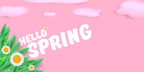 vector hello spring pink horizontal banner with text and flowers on soft pink sky background with pink clouds. hello spring slogan or label isolated on pink background