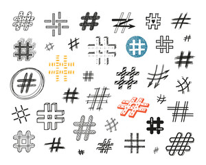 Doodle Hashtag Icons Set. Hand Drawn Hash Tag Symbols. Social Media Signs. Vector illustration
