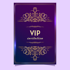 Vector VIP gold card. Blue lilac gradient geometric ornament pattern in oriental style. Background with gold lettering invitation. Luxury design for VIP members. Shine and luxury.