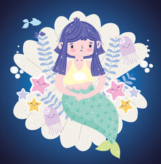 Mermaid sitting in seashell with starfishes jellyfish cartoon