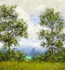 Oil paintings rural landscape, trees. Fine art, tree in the field