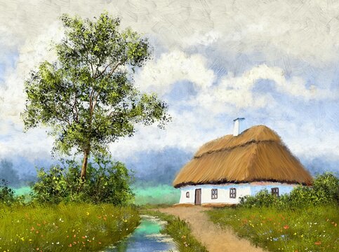 Oil paintings  landscape, fine art, grass, old house in the countryside