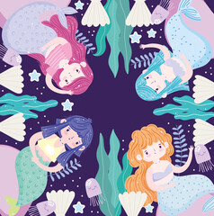Cartoon Mermaids cute underwater seaweed seashells