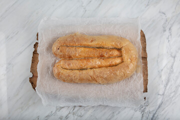 Turkish style meat stuffed filo dough borek served kol boregi. Cheese and minced pie are sliced on...