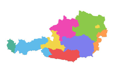 Austria map, administrative division, separate individual states with state names, color map isolated on white background blank