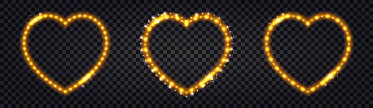 Neon LED frames with golden lglowing light effect. Luminous borders, illuminated garlands for night decoration, heart for Valentine's day.  Isolated frame on dark backgrounds. Vector illustration