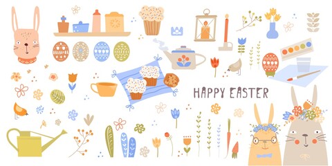 Vector Easter set with cute bunnies, chickens and eggs in cartoon style. Easter eggs. Kids illustration