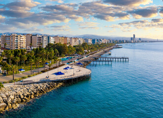Naklejka premium Republic of Cyprus. Limassol. The Seafront Of Limassol. The mediterranean coast. Tourist area with hotels. Panorama of Cyprus on a Sunny day. Rest on the Mediterranean.