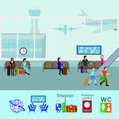 People at airport vector travel activities.  vector interior of airport check-in, waiting hall, Security gates, ticket office, baggage caro.