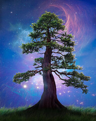 Fantasy tree at night with a beautiful starry sky and nebulas. 3D. Photomanipulation. Illustation