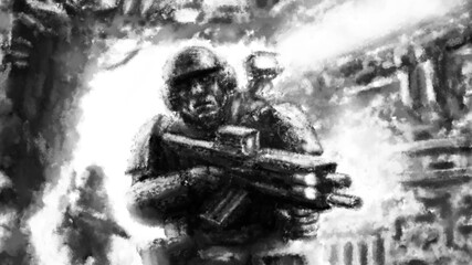 Dangerous soldier attacking with a machine gun in his hands.