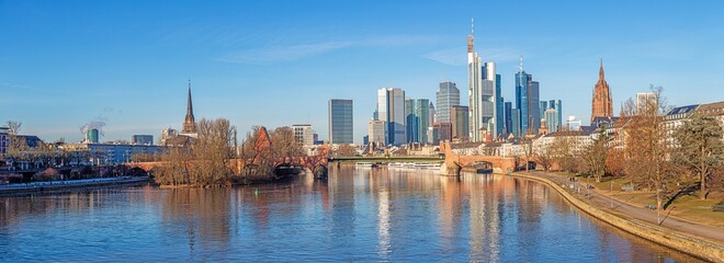 View on Frankfurt skyline over river Main in the morning light