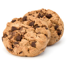 Two Chocolate chip cookies isolated on white background. Sweet biscuits. Homemade pastry.
