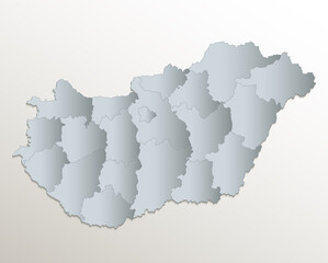 Hungary map, administrative division, white blue card paper 3D blank