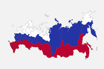 Map of the Russia in the colors of the flag with administrative divisions blank