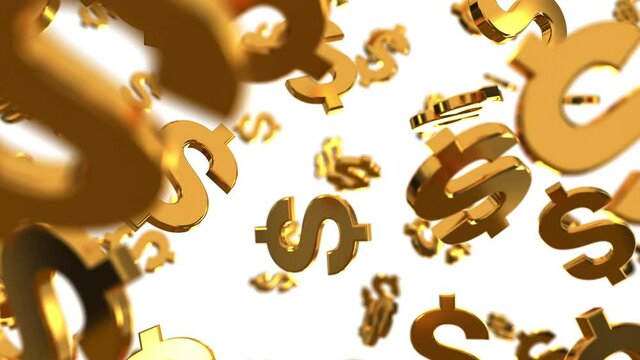 3D golden dollar signs $ falling over a white background. Seamless looping animated background, 4k video.mp4