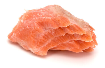 smoked salmon segments isolated on white background cutout. Prepared fish fillet fibres.