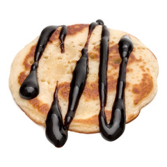 One pancake with chocolate syrup isolated on white background cutout.